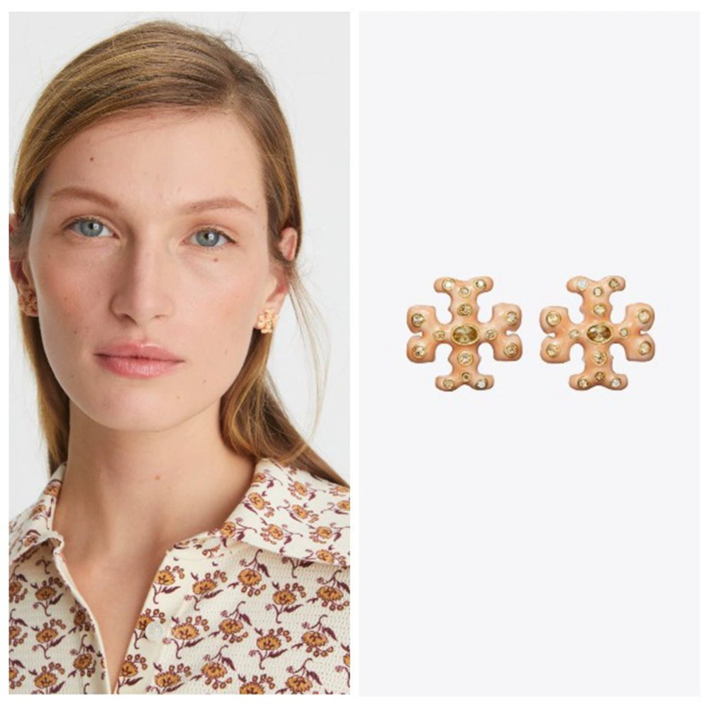 Tory Burch Vintage Gold Khaki Enamel Rhinestone Large Stud Earrings